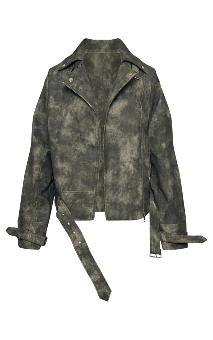 Charcoal Distressed Faux Leather Oversized Biker Jacket