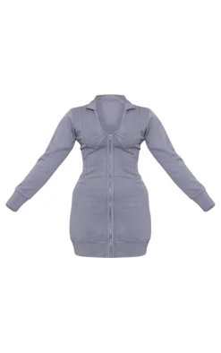 Charcoal Exposed Seam Zip Up Sweat Bodycon Dress