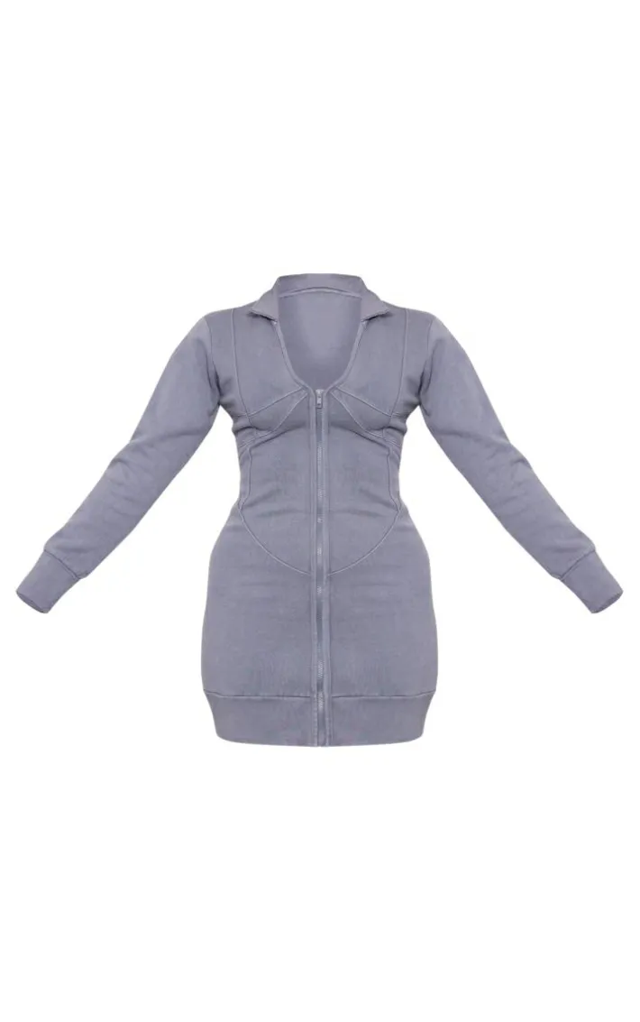 Charcoal Exposed Seam Zip Up Sweat Bodycon Dress