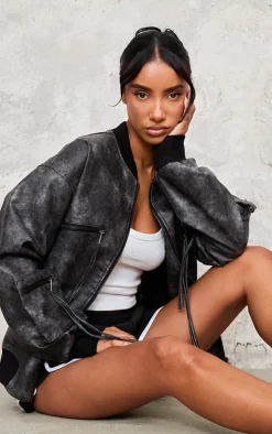 Charcoal Extreme Distressed Faux Leather Bomber Jacket