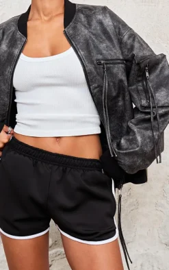 Charcoal Extreme Distressed Faux Leather Bomber Jacket