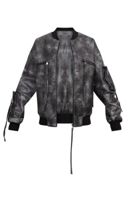 Charcoal Extreme Distressed Faux Leather Bomber Jacket