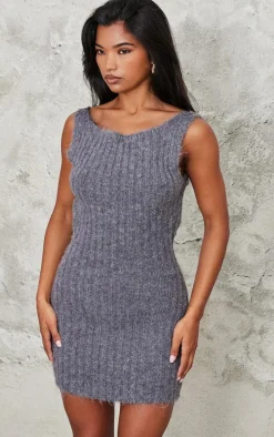 Charcoal Eyelash Knit Racer Neck Open Back Mini Dress