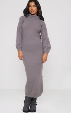 Charcoal Eyelash Knit Split Maxi Dress