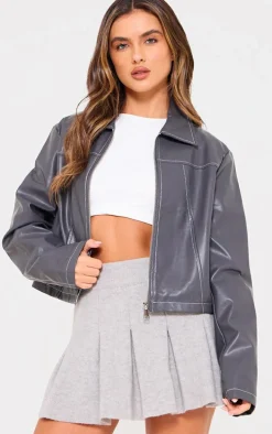Charcoal Faux Leather Contrast Stitch Jacket