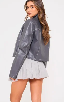 Charcoal Faux Leather Contrast Stitch Jacket