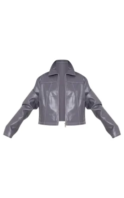 Charcoal Faux Leather Contrast Stitch Jacket
