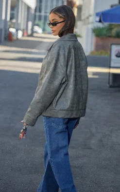 Charcoal Faux Leather Embossed Zip Up Jacket