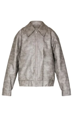 Charcoal Faux Leather Embossed Zip Up Jacket