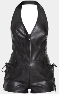 Charcoal Faux Leather Halterneck Lace Short Romper