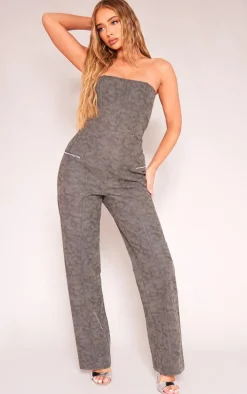 Charcoal Faux Leather Zip Detail Wide Leg Jumpsuit