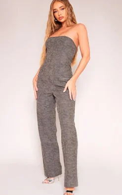 Charcoal Faux Leather Zip Detail Wide Leg Jumpsuit