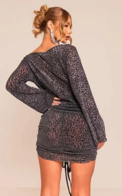 Charcoal Flocked Cowl Tie Detail Ruched Bodycon Dress