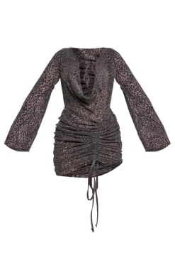 Charcoal Flocked Cowl Tie Detail Ruched Bodycon Dress