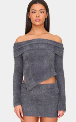 Charcoal Fluffy Textured Asymmetric Fold Over Bardot Top