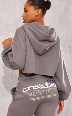 Charcoal Graphic Oversized Cropped Zip Hoodie