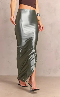Charcoal Green Stretch Satin Split Side Maxi Skirt