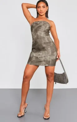 Charcoal Grey Acid Wash Seam Detail Bandeau Bodycon Dress
