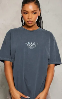 Charcoal Grey Club Sports Graphic Oversized T Shirt