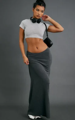 Charcoal Grey Crinkle Rib Curved Waist Maxi Skirt