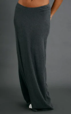 Charcoal Grey Crinkle Rib Curved Waist Maxi Skirt