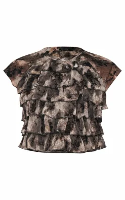 Charcoal Grey Devore Mesh Ruffle Top