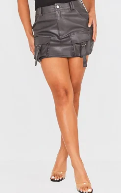 Charcoal Grey Faux Leather Pocket Detail Cargo Mini Skirt
