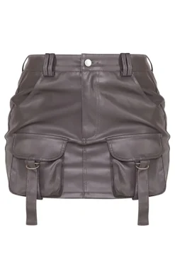 Charcoal Grey Faux Leather Pocket Detail Cargo Mini Skirt