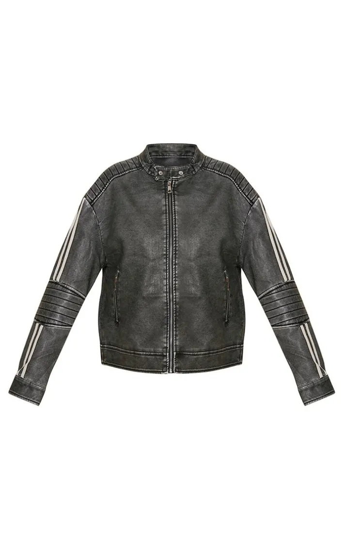 Charcoal Grey Faux Leather Distressed Quilted Detail Biker Jacket