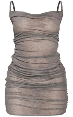 Charcoal Grey Glitter Mesh Cowl Neck Ruched Strappy Bodycon Dress