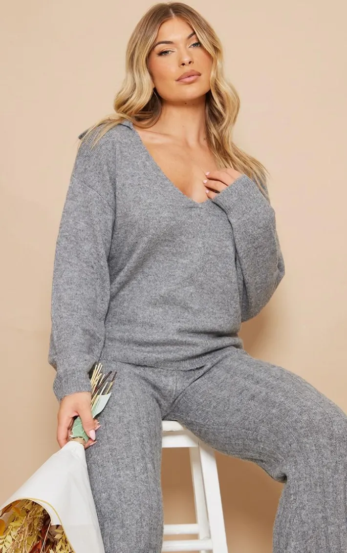 Charcoal Grey Luxe Knit Open Back Oversized Sweater