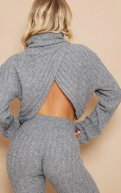 Charcoal Grey Luxe Knit Wide Rib Cross Back Crop Sweater