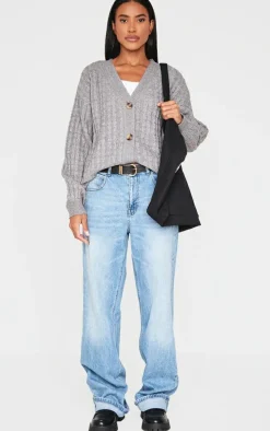 Charcoal Grey Marl Cable Knit Button Up Oversized Cardigan