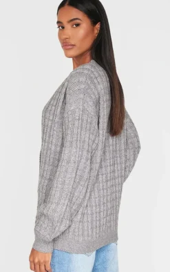 Charcoal Grey Marl Cable Knit Button Up Oversized Cardigan