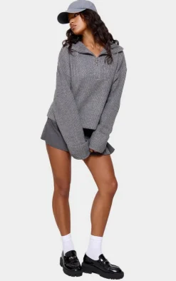 Charcoal Grey Marl Chunky Knit Half Zip Sweater