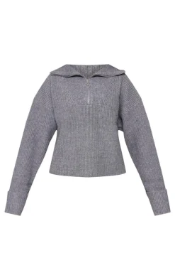 Charcoal Grey Marl Chunky Knit Half Zip Sweater