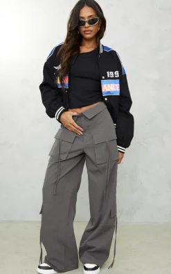 Charcoal Grey Peached Pocket Detail Fold Over Waist Wide Leg Cargo's