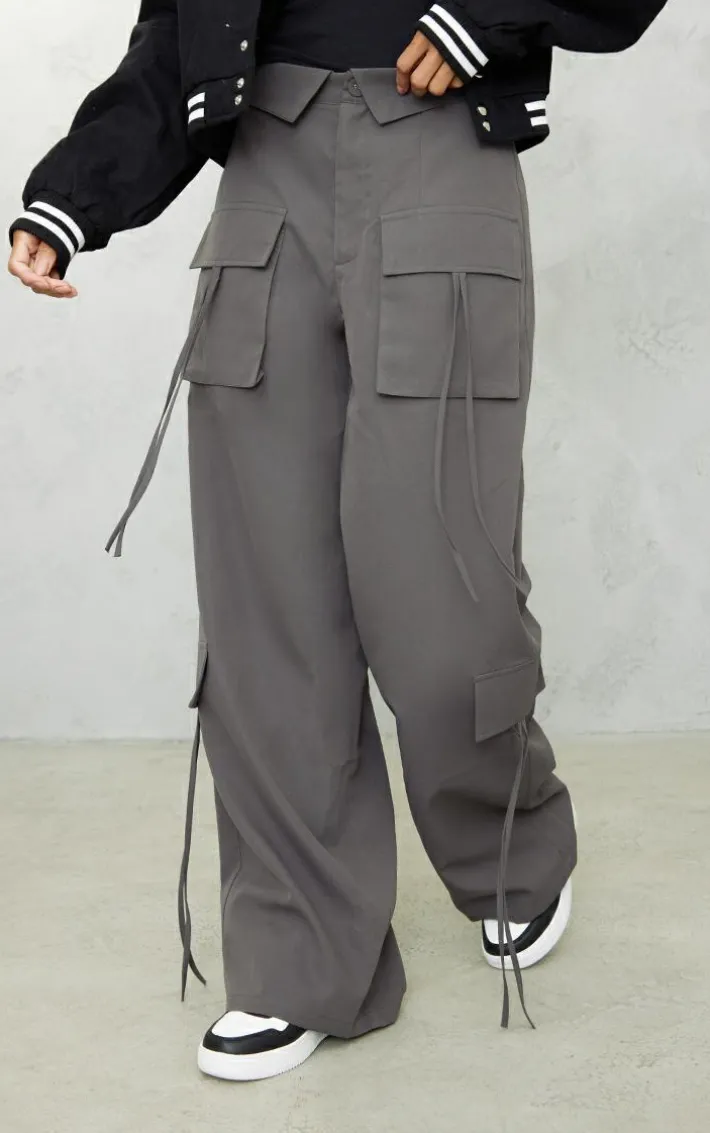 Charcoal Grey Peached Pocket Detail Fold Over Waist Wide Leg Cargo's