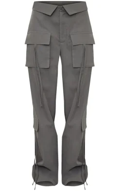 Charcoal Grey Peached Pocket Detail Fold Over Waist Wide Leg Cargo's