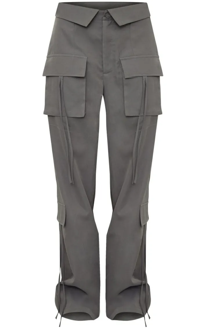 Charcoal Grey Peached Pocket Detail Fold Over Waist Wide Leg Cargo's