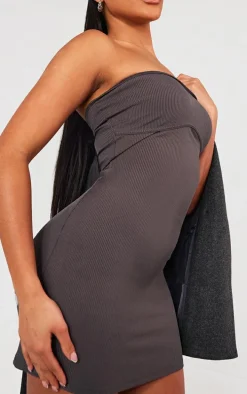 Charcoal Grey Ribbed Bandeau Underbust Detail Bodycon Dress
