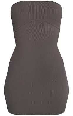 Charcoal Grey Ribbed Bandeau Underbust Detail Bodycon Dress