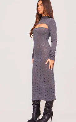 Charcoal Grey Ribbed Long Sleeve Cut Out Midi Dress