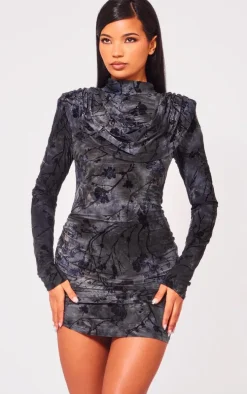 Charcoal Grey Structured Devore Soft Touch Mini Dress