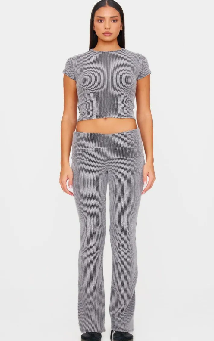 Charcoal Grey Two Tone Crinkle Rib Foldover Skinny Flared Pants