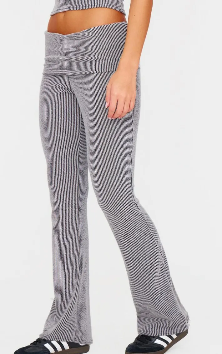 Charcoal Grey Two Tone Crinkle Rib Foldover Skinny Flared Pants