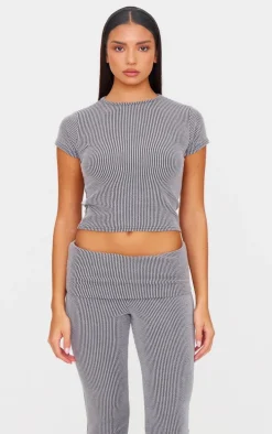 Charcoal Grey Two Tone Crinkle Rib Foldover Skinny Flared Pants