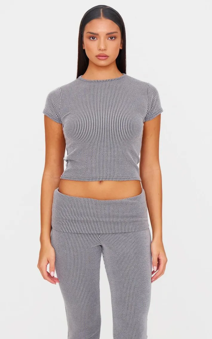 Charcoal Grey Two Tone Crinkle Rib Foldover Skinny Flared Pants