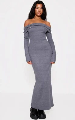 Charcoal Heavy Brushed Rib Bardot Trim Maxi Dress