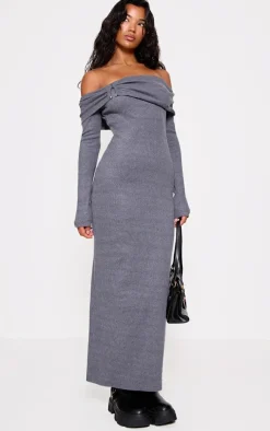 Charcoal Heavy Brushed Rib Bardot Trim Maxi Dress